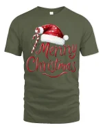 Merry Christmas Santa Hat Candy Cane Festive Holiday Tee - military green t-shirt on white background