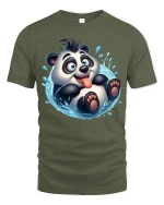 Cute Splashing Panda Funny Playful Cartoon Graphic T-Shirt - military green t-shirt on white background