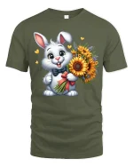 Cute Bunny With Sunflower Bouquet Sweet Cartoon Graphic T-Shirt - military green t-shirt on white background