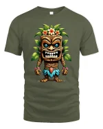 Tiki Warrior Tropical Mask Island Spirit Graphic T-Shirt - military green t-shirt on white background