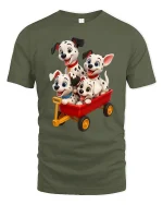 Cute Dalmatian Puppies Red Wagon Fun Adventure Graphic Tee - military green t-shirt on white background