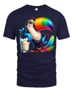 Colorful Toucan Drink Funny Tropical Bird Cartoon T-Shirt - navy t-shirt on white background