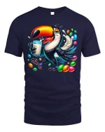 Colorful Toucan Candy Splash Fun Art Graphic Tee - navy t-shirt on white background