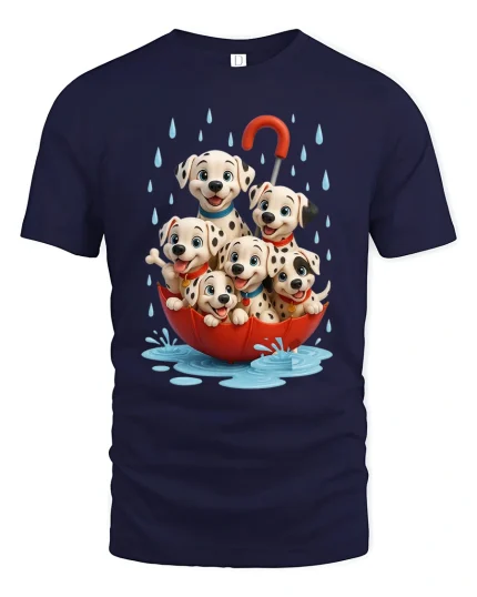 Cute Dalmatian Puppies Rainy Day Umbrella Graphic Tee - navy t-shirt on white background