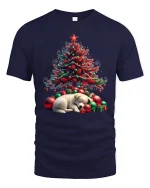 Christmas Tree Puppy Sleep Scene Cute Holiday Graphic Tee - navy t-shirt on white background