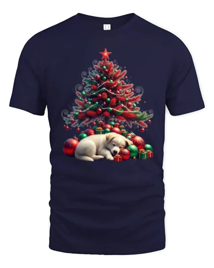 Christmas Tree Puppy Sleep Scene Cute Holiday Graphic Tee - navy t-shirt on white background