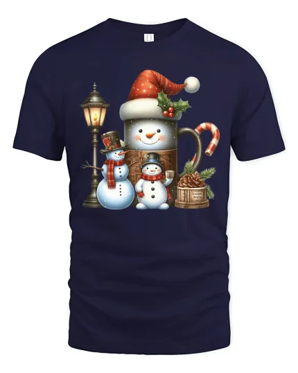 Cute Snowman Family Christmas Mug Lantern Holiday Graphic Tee - navy t-shirt on white background