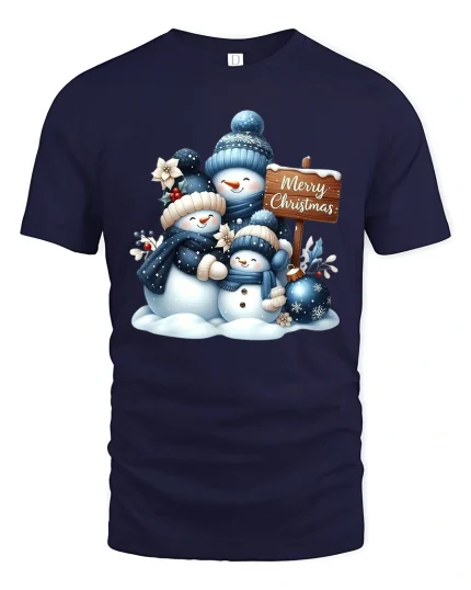 Snowman Family Merry Christmas Winter Scene Holiday Tee - navy t-shirt on white background