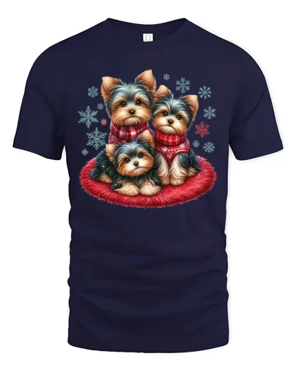 Yorkie Trio Christmas Snowflake Cozy Winter Dog Lover Tee - navy t-shirt on white background