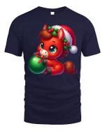 Cute Christmas Pony Ornament Holiday Cartoon Art Tee - navy t-shirt on white background