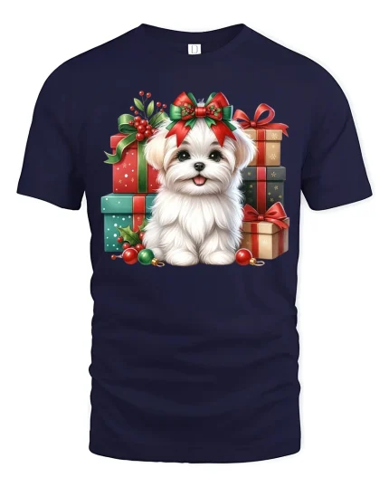 Cute Christmas Puppy Gifts Holiday Bow Cartoon Art Tee - navy t-shirt on white background