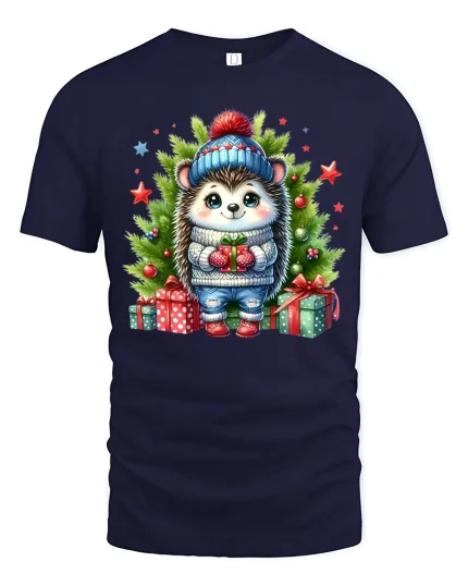 Cute Christmas Hedgehog in Winter Outfit with Gifts Holiday Tee - navy t-shirt on white background