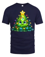 Cute Kawaii Christmas Tree Lights Smiling Holiday Art Tee - navy t-shirt on white background