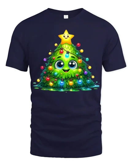Cute Kawaii Christmas Tree Lights Smiling Holiday Art Tee - navy t-shirt on white background