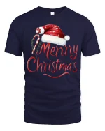 Merry Christmas Santa Hat Candy Cane Festive Holiday Tee - navy t-shirt on white background