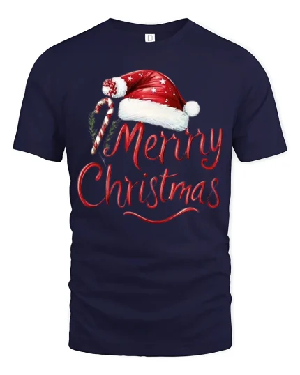 Merry Christmas Santa Hat Candy Cane Festive Holiday Tee - navy t-shirt on white background