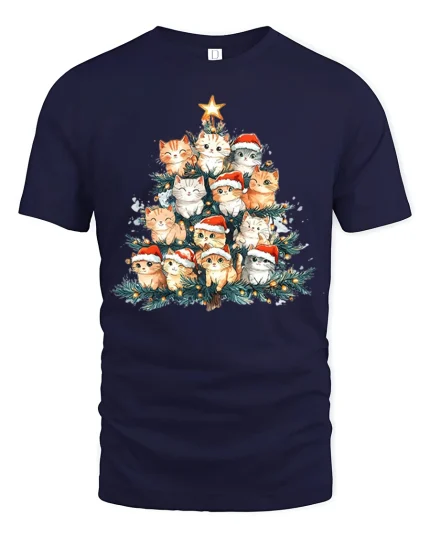 Cute Christmas Cat Tree Santa Hat Holiday Lights Graphic Tee - navy t-shirt on white background