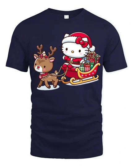 Cute Santa Kitty and Reindeer Sleigh Ride Christmas Graphic Tee - navy t-shirt on white background