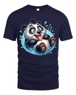 Cute Splashing Panda Funny Playful Cartoon Graphic T-Shirt - navy t-shirt on white background