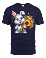 Cute Bunny With Sunflower Bouquet Sweet Cartoon Graphic T-Shirt - navy t-shirt on white background