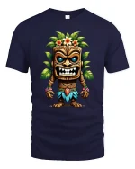 Tiki Warrior Tropical Mask Island Spirit Graphic T-Shirt - navy t-shirt on white background
