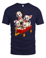 Cute Dalmatian Puppies Red Wagon Fun Adventure Graphic Tee - navy t-shirt on white background