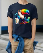 Colorful Toucan Drink Funny Tropical Bird Cartoon T-Shirt - model wearing navy tee with hands in pockets
