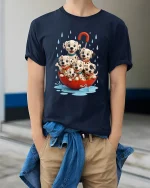 Cute Dalmatian Puppies Rainy Day Umbrella Graphic Tee - model wearing navy tee with hands in pockets