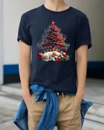 Christmas Tree Puppy Sleep Scene Cute Holiday Graphic Tee - model wearing navy tee with hands in pockets