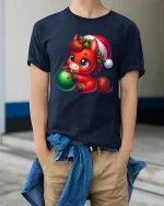 Cute Christmas Pony Ornament Holiday Cartoon Art Tee - model wearing navy tee with hands in pockets