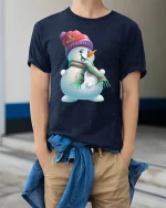 Cute Holiday Snowman with Hat and Scarf Festive Christmas Tee - model wearing navy tee with hands in pockets