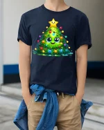 Cute Kawaii Christmas Tree Lights Smiling Holiday Art Tee - model wearing navy tee with hands in pockets