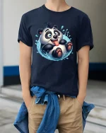 Cute Splashing Panda Funny Playful Cartoon Graphic T-Shirt - model wearing navy tee with hands in pockets