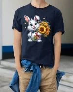 Cute Bunny With Sunflower Bouquet Sweet Cartoon Graphic T-Shirt - model wearing navy tee with hands in pockets