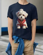 Cute Winter Puppy Cozy Sweater Dog Cartoon Graphic T-Shirt - model wearing navy tee with hands in pockets