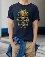 Tiki Warrior Tropical Mask Island Spirit Graphic T-Shirt - model wearing navy tee with hands in pockets