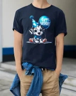 Cute Dalmatian Happy Birthday Party Balloon Graphic T-Shirt - model wearing navy tee with hands in pockets