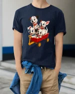 Cute Dalmatian Puppies Red Wagon Fun Adventure Graphic Tee - model wearing navy tee with hands in pockets