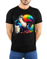 Colorful Toucan Drink Funny Tropical Bird Cartoon T-Shirt - model wearing black tee with hands behind back