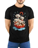 Cute Dalmatian Puppies Rainy Day Umbrella Graphic Tee - model wearing black tee with hands behind back