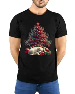 Christmas Tree Puppy Sleep Scene Cute Holiday Graphic Tee - model wearing black tee with hands behind back