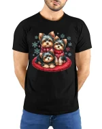 Yorkie Trio Christmas Snowflake Cozy Winter Dog Lover Tee - model wearing black tee with hands behind back