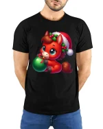 Cute Christmas Pony Ornament Holiday Cartoon Art Tee - model wearing black tee with hands behind back
