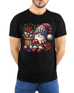 Cozy Christmas Gnome With Ornaments Basket Festive Holiday Tee - model wearing black tee with hands behind back