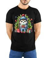 Cute Christmas Hedgehog in Winter Outfit with Gifts Holiday Tee - model wearing black tee with hands behind back