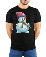 Cute Holiday Snowman with Hat and Scarf Festive Christmas Tee - model wearing black tee with hands behind back