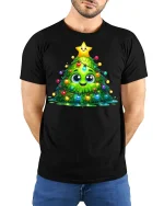 Cute Kawaii Christmas Tree Lights Smiling Holiday Art Tee - model wearing black tee with hands behind back