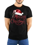 Merry Christmas Santa Hat Candy Cane Festive Holiday Tee - model wearing black tee with hands behind back