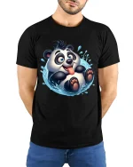 Cute Splashing Panda Funny Playful Cartoon Graphic T-Shirt - model wearing black tee with hands behind back