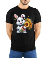 Cute Bunny With Sunflower Bouquet Sweet Cartoon Graphic T-Shirt - model wearing black tee with hands behind back